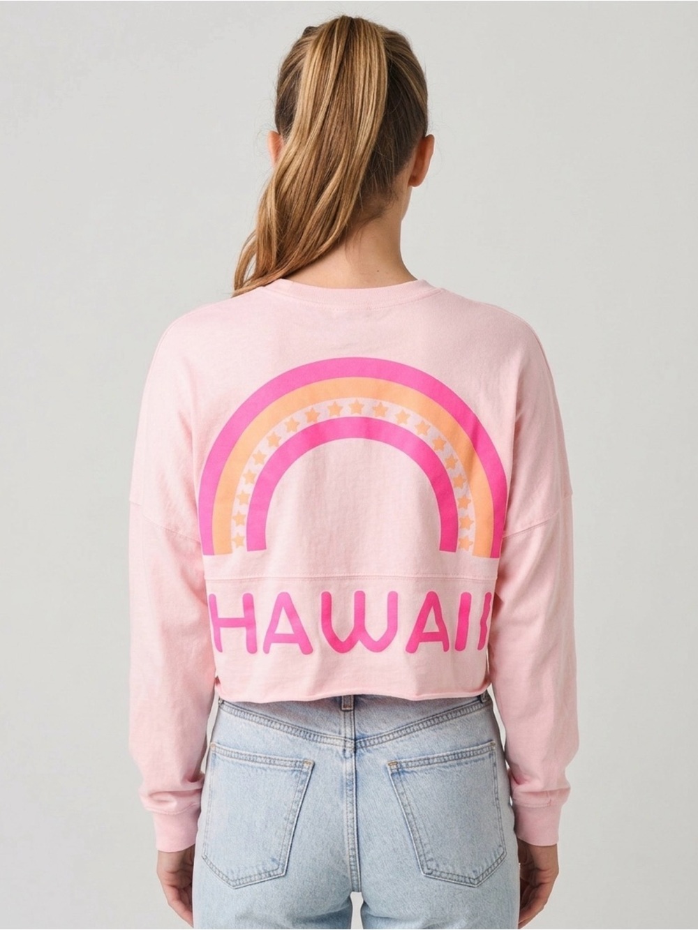SPIRIT JERSEY Cropped Pink Rainbow 'Hawaii' Crewneck Tee Shirt - S